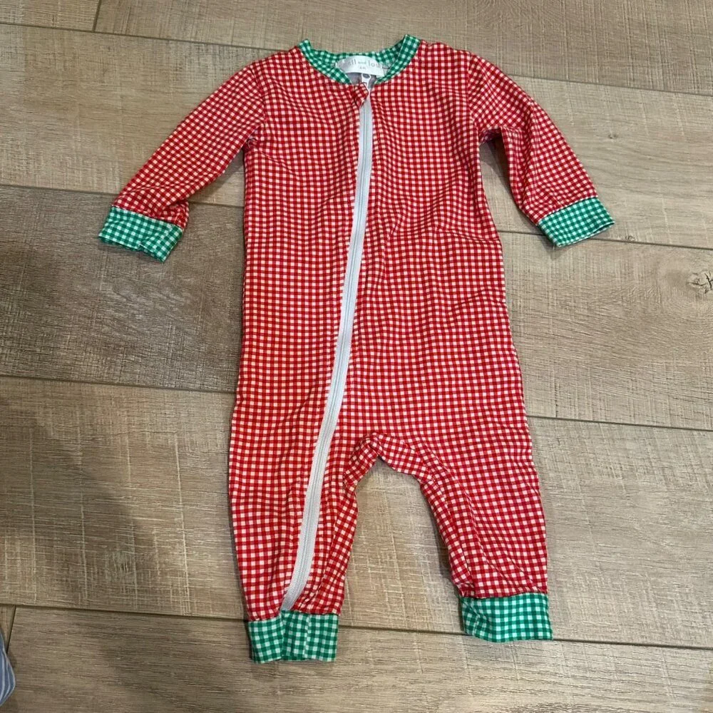 CECIL AND LOU 6 MONTH RED AND GREEN CHRISTMAS SLEEPER ONE PIECE MONOGRAMED T